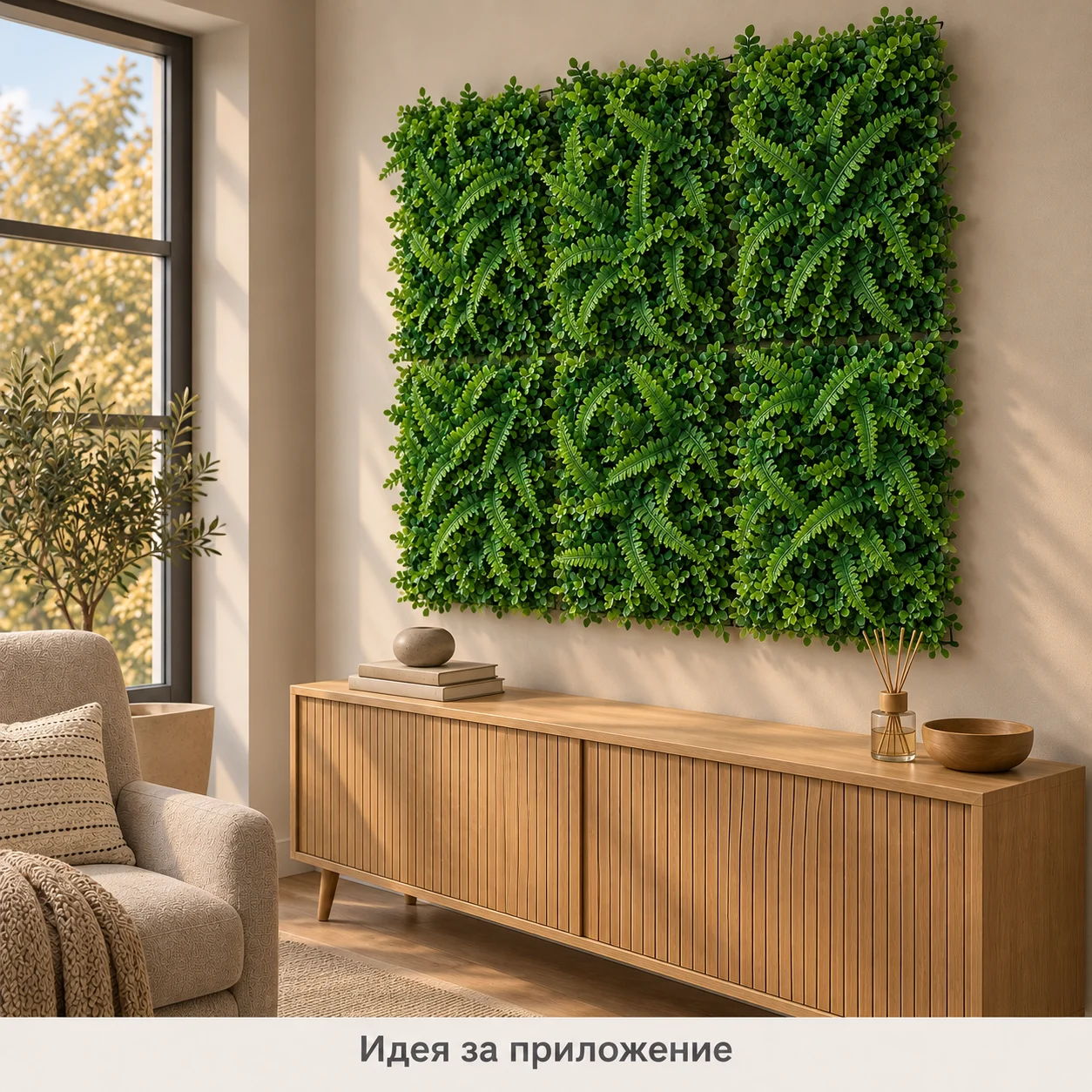 Илюстрация на шест декоративни пана, подредени в три колони и два реда над дървен шкаф