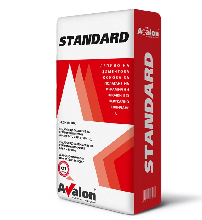 0000012522 Лепило за керамични плочки Avalon Standard C1T За Фаянс Вътрешно 25кг 48бр/палет