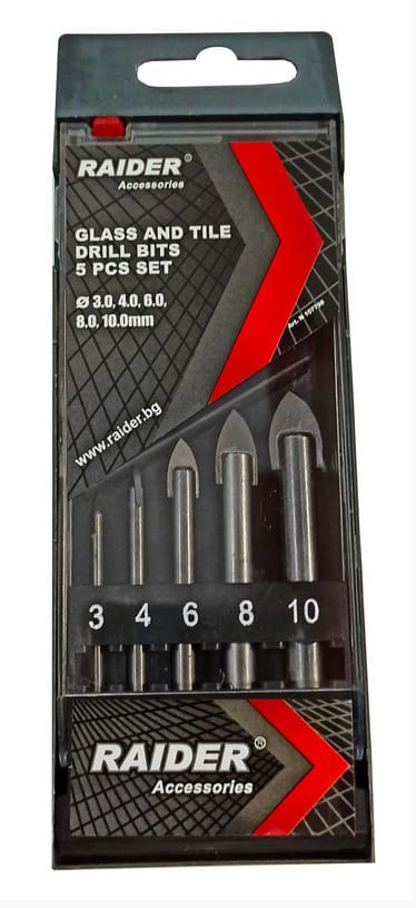 Свредла за Стъкло К-т 5бр. Ø 3 4 6 8 и 10mm Raider 157798