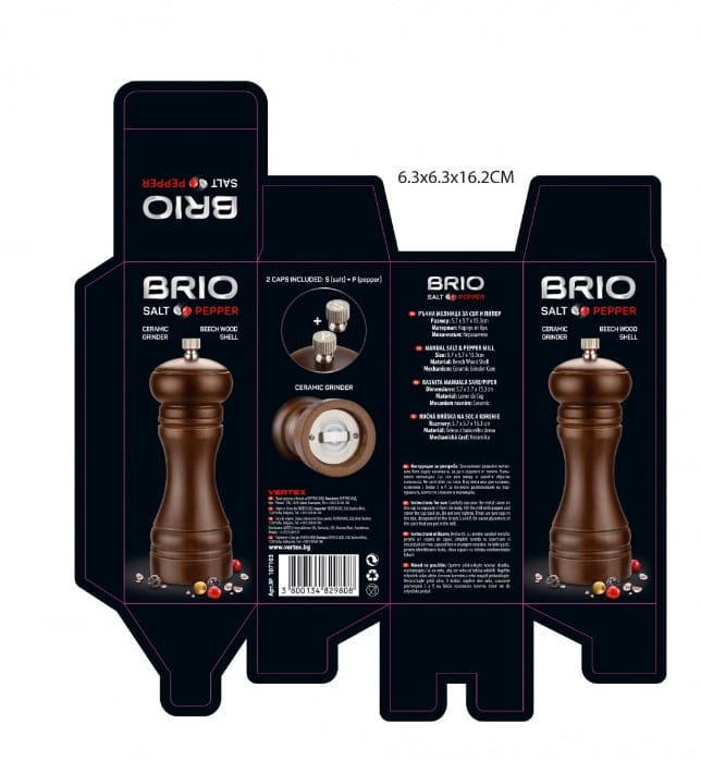 0000019608 Дървена Мелница за Сол/Пипер, Бук, Керамичен Механизъм 5.7x5.7x15.3 см - Brio Salt Pepper 107103