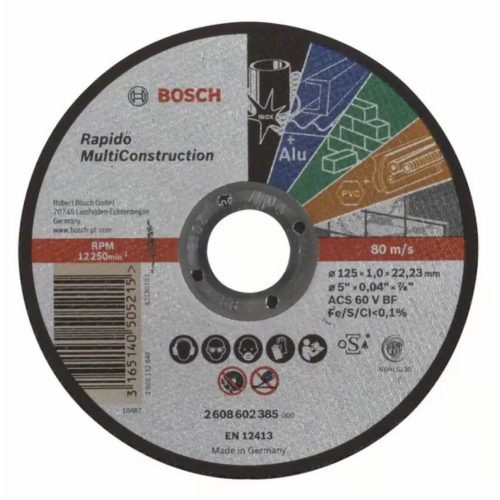 Диск за рязане Rapido Multi Construction, ACS 60 V BF, 125 mm, 1,0 mm, 1бр., 2608602385, BOSCH