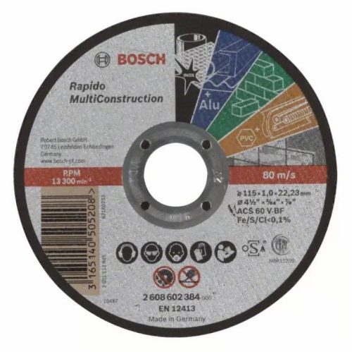 Диск за рязане Rapido Multi Construction, ACS 60 V BF, 115 mm, 1,0 mm, 1 бр, 2608602384, BOSCH