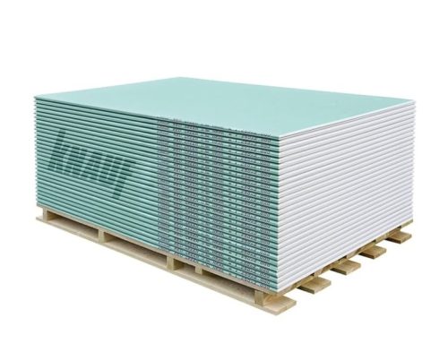 Гипсокартонена плоскост влагоустойчива KNAUF (тип GKBi, зелена серия), 12.5 мм (1200×2600 мм) – 3.12 m² / ~28 кг (~9.0 kg/m²) / 60 бр./палет