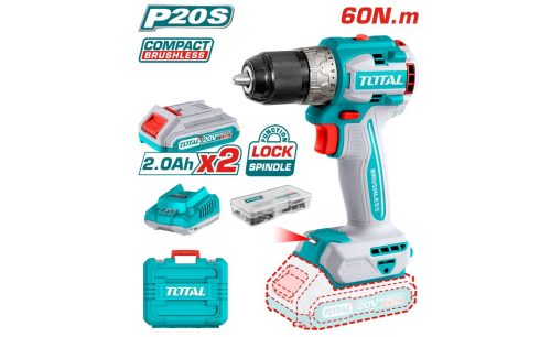 Акумулаторен безчетков винтоверт TOTAL Industrial, 20 V, 2 x 2.0 Ah Li-Ion, 60 Nm, + аксесоари
