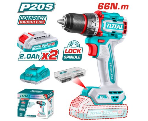 Акумулаторен Безчетков Винтоверт TOTAL INDUSTRIAL, TDLI 20668, 20 V, 2 x 2.0 Ah Li-Ion, 66 Nm, + Аксесоари