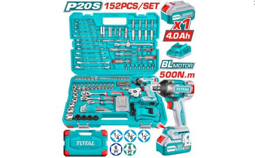 Комплект акумулаторен ударен гайковерт с инструменти TOTAL THKTHP31522, 20 V, 152 части