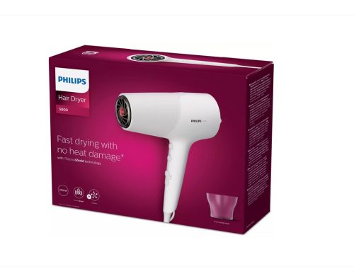 Сешоар Philips BHD500/00, 2100W, Технология ThermoShield, Грижа с йони, 2 настройки на скорост, 3 нива на температура, Концентратор 14 мм, Бял