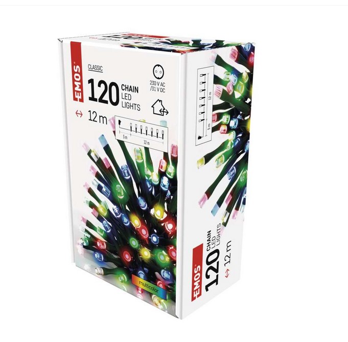 0000030063 Коледни лампички LED Emos by Legrand, 12 метра, 120 светодиода с многоцветна светлина, тъмно зелен PVC кабел, защита IP44