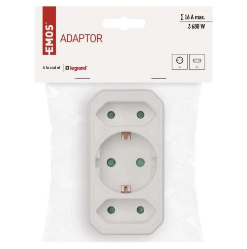 Разклонител 3 гнезда (2 × 2P + 1 × 2P + PE). Напрежение ~250 V/10 A max.