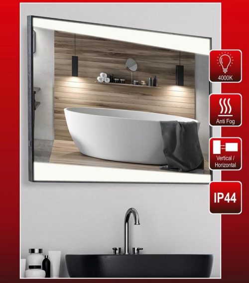 LED огледало за баня 700×500 мм, 32W, 4000K, Anti-Fog, IP44, черна рамка – хоризонтален/вертикален монтаж, Lightex