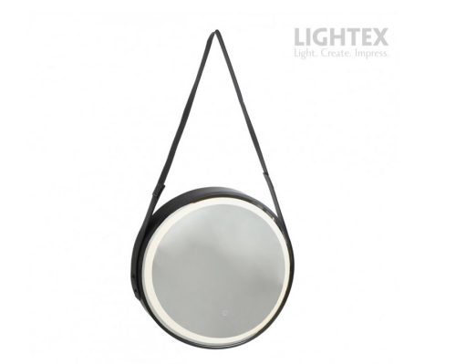 LED огледало за баня Ø500 мм, 23W, Touch дисплей, Anti-Fog, димиране 3000K–6500K, черно с кожен колан, Lightex