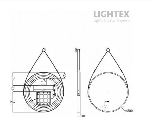 LED огледало за баня Ø500 мм, 23W, Touch дисплей, Anti-Fog, димиране 3000K–6500K, черно с кожен колан, Lightex
