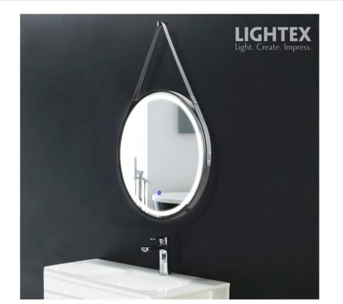 LED огледало за баня Ø500 мм, 23W, Touch дисплей, Anti-Fog, димиране 3000K–6500K, черно с кожен колан, Lightex
