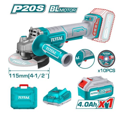 Акумулаторен безчетков ъглошлайф TOTAL TAGLI2111561, 20 V, Ф 115 мм, 1 x 4 Ah