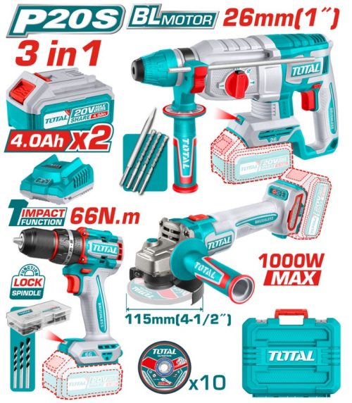 Комплект акумулаторни инструменти TOTAL TOSLI241198E, 20 V, 2 x 4 Ah