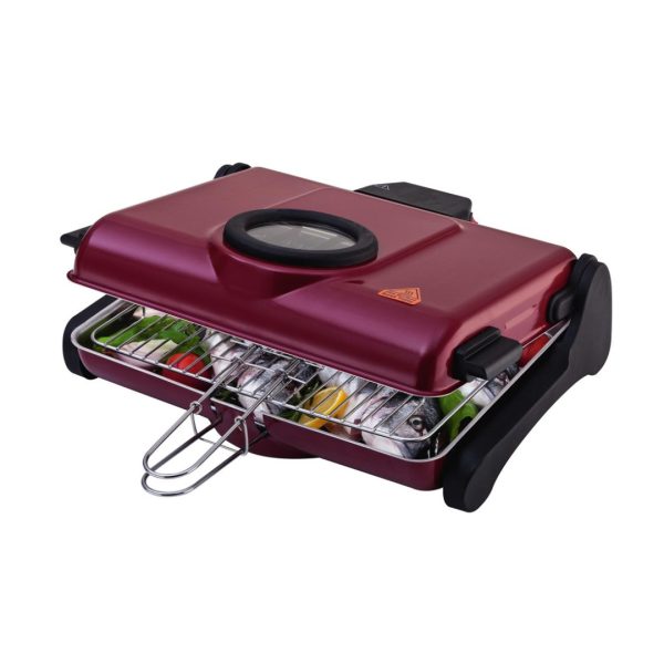 Бездимна електрическа скара Crown CEG12W, 1200W, Площ за готвене 34х25, Прозорче за наблюдение, Бордо