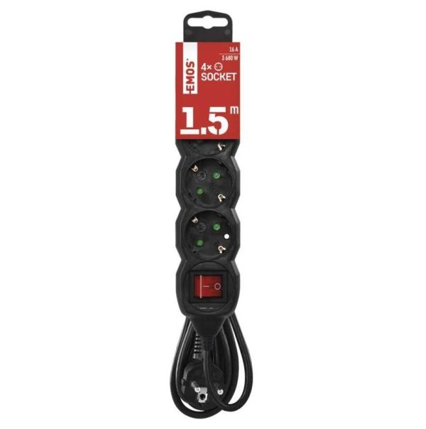 Разклонител 4-ка 1.5м С Ключ 16а Pc1421r Черен 5087