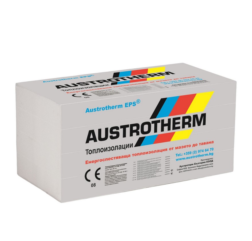 Топлоизолационна фасадна плоча от експандиран полистирен (EPS 70 FF) Austrotherm, 80 mm (1000×500 mm), λD = 0.038 W/mK, CS(10)70, TR100, клас E, плътност 14–16 kg/m³, 0.50 m²/плоча, 3.00 m²/