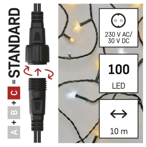 Коледна LED верига за снадждане 10 m – топло/студено бяла, мигаща, EMOS D1AN02 IP44FLASH 4666