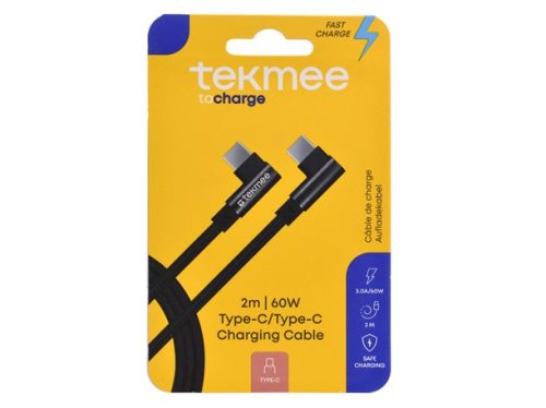 Кабел за бързо зареждане Tekmee, Type-C към Type-C, 3A, 2м, черен.