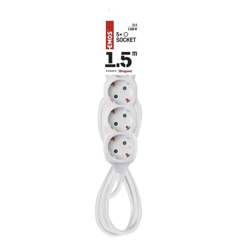 Разклонител с 5 гнезда – шуко. Дължина 1,5м. Напрежение 250 V~/10 A max.