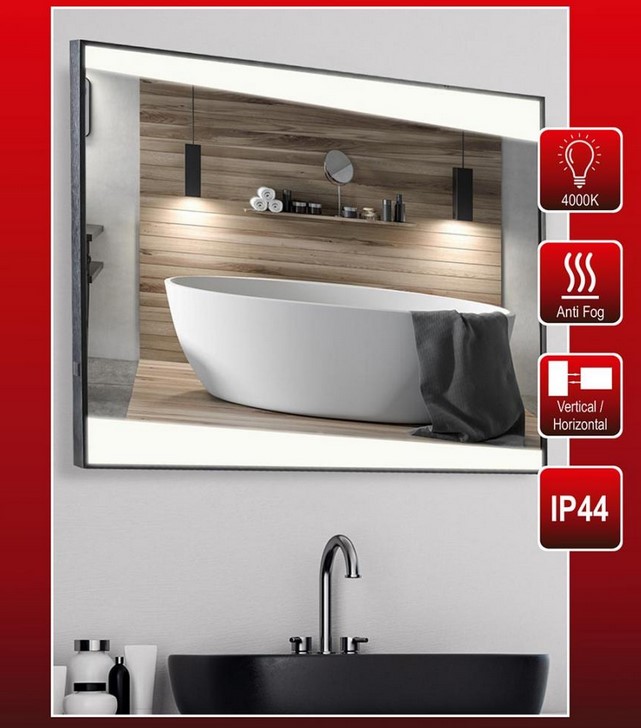LED огледало за баня 700×500 мм, 32W, 4000K, Anti-Fog, IP44, черна рамка – хоризонтален/вертикален монтаж, Lightex