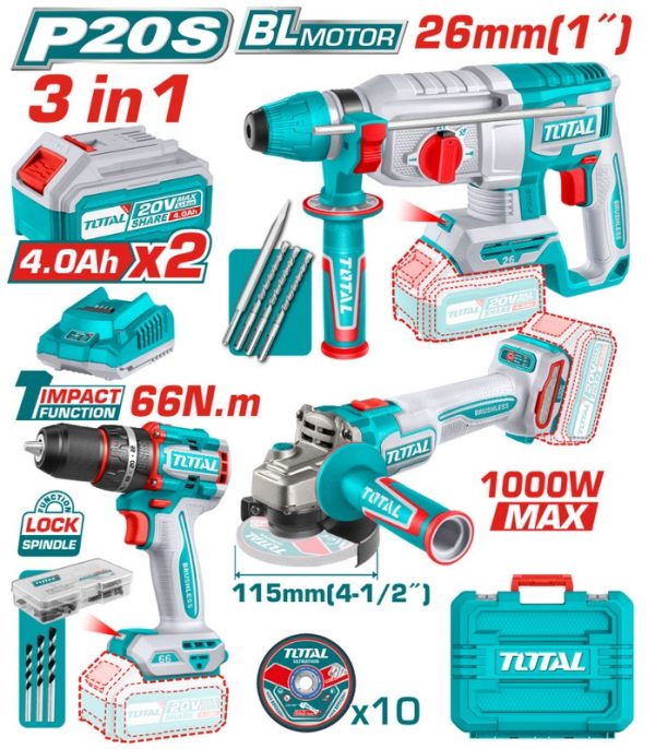 Комплект акумулаторни инструменти TOTAL TOSLI241198E, 20 V, 2 x 4 Ah