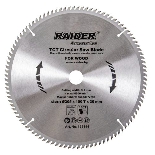 Диск за циркуляр за дърво ø305x100Tx30mm Raider 163144