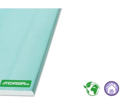 Гипсокартонена плоскост влагоустойчива Technogips (тип GKBi, зелена серия), 12.5 мм (1200×2500 мм) – 3.00 m² / ~27 кг (~9.0 kg/m²)