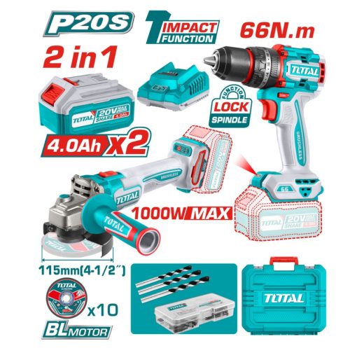 Комплект акумулаторни ъглошлайф и ударен винтоверт TOTAL INDUSTRIAL TCKLI20273E, 20 V, 2 x 4 Ah