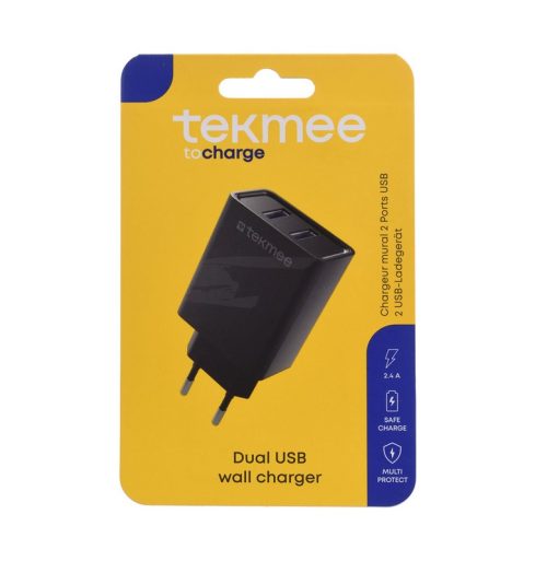 Зарядно за стена, черно, 2 USB порта, 2.4A, модел 40430186, Tekmee