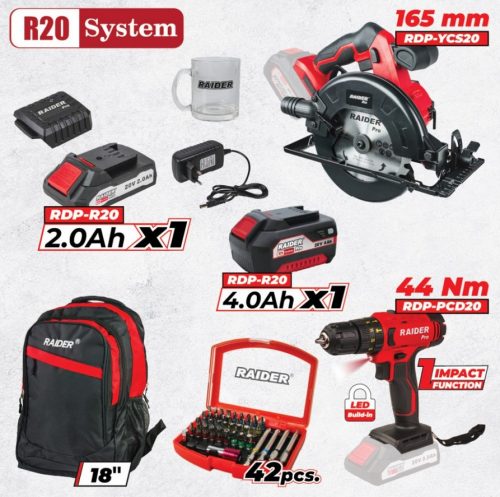 Комплект Raider Pro R20 RDP-BXS2 EU, 2 машини, 2Ah + 4Ah, 20V – 030321