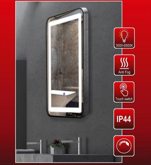 LED огледало за баня 700×500 мм, 32W, 3000K–6500K, 1639 lm, IP44, Anti-Fog, Touch дисплей, черно – Lightex (720RL0110045)