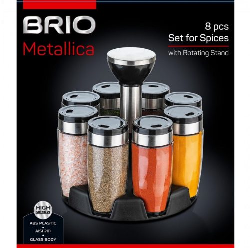 Комплект за подправки BRIO Metallica, На въртяща стойка, 8 бурканчета