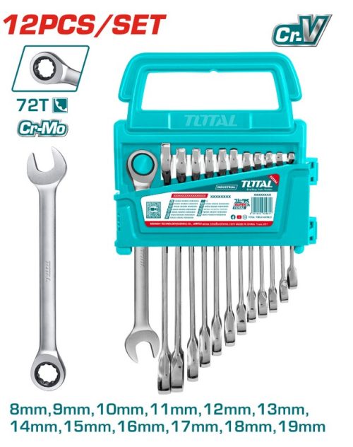 Комплект тресчотни ключове TOTAL INDUSTRIAL, 72 зъба, SW 8 - 19 мм, 12 части