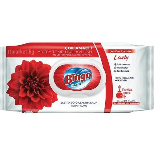 Универсални почистващи мокри кърпи Bingo Lovely, червени, 96 бр.