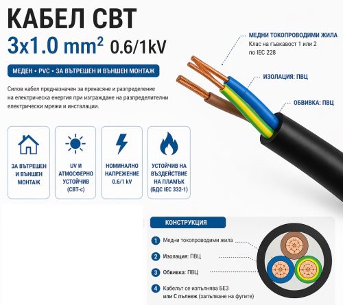 Силов Кабел СВТ 3x1.0 mm² 0.6/1kV PVC UV Устойчив