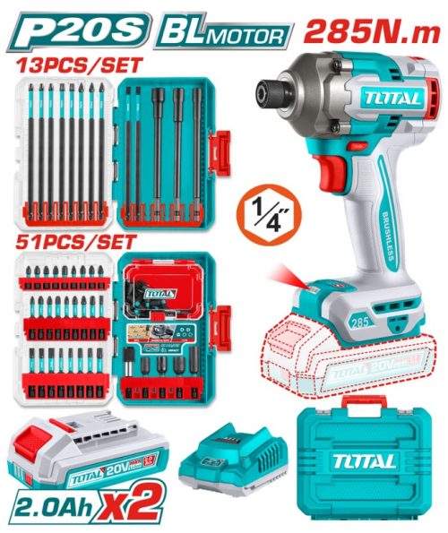 Акумулаторен ударен безчетков винтоверт TOTAL INDUSTRIAL, 1/4", 20 V, 285 Nm, 2 x 2 Ah + битове