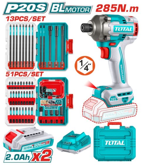 Акумулаторен ударен безчетков гайковерт TOTAL INDUSTRIAL, 1/2", 20 V, 400 Nm, 2 х 2.0 Ah