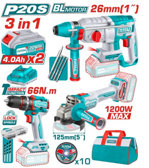 Комплект акумулаторни инструменти TOTAL TOSLI2402028, 3в1, 20 V, 2 x 4 Ah