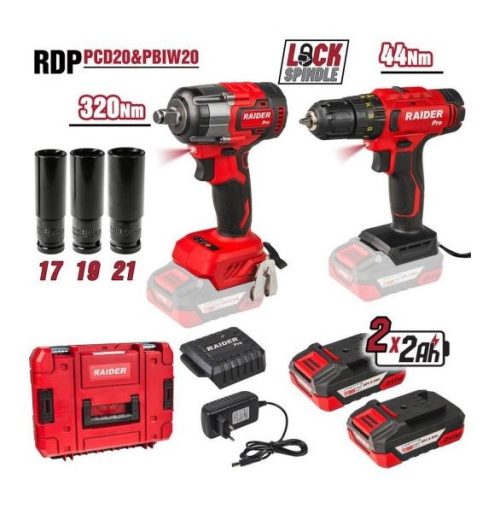 Акумулаторен ударен винтоверт Raider Pro RDP-PCD20, 44 Nm и Безчетков ударен гайковерт Raider Pro RDP-PBIW20