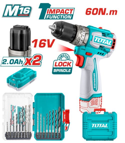 Акумулаторен безчетков ударен винтоверт TOTAL Industrial, 16 V, 2 x 2 Ah Li-Ion, 60 Nm + свредла