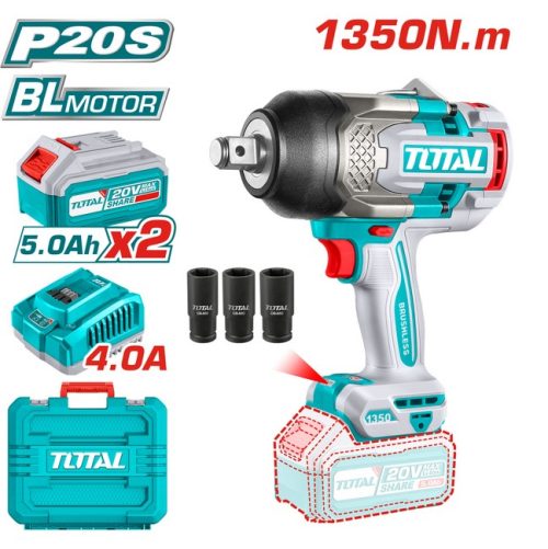 Акумулаторен ударен безчетков гайковерт TOTAL INDUSTRIAL, 3/4", 20 V, 1350 Nm, 2 x 5 Ah