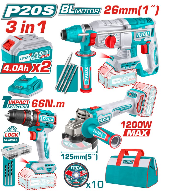 Комплект акумулаторни инструменти TOTAL TOSLI2402028, 3в1, 20 V, 2 x 4 Ah
