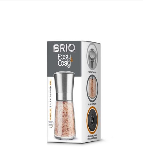 Мелница за сол или пипер Brio Easy Cosy, стъкло, инокс и прозрачен капак-керамичен механизъм, Ø6.5х13.4см