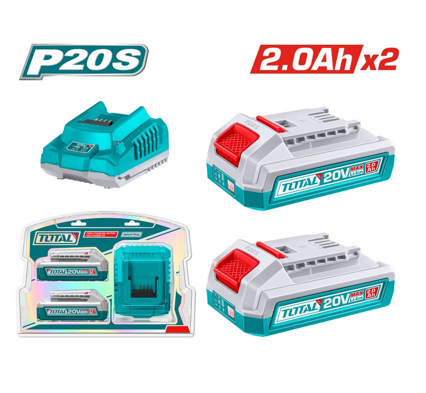 Комплект акумулаторни батерии и зарядно TOTAL INDUSTRIAL TFBCPK2212E, Li-Ion, 20 V, 2.0 Ah, 3 части