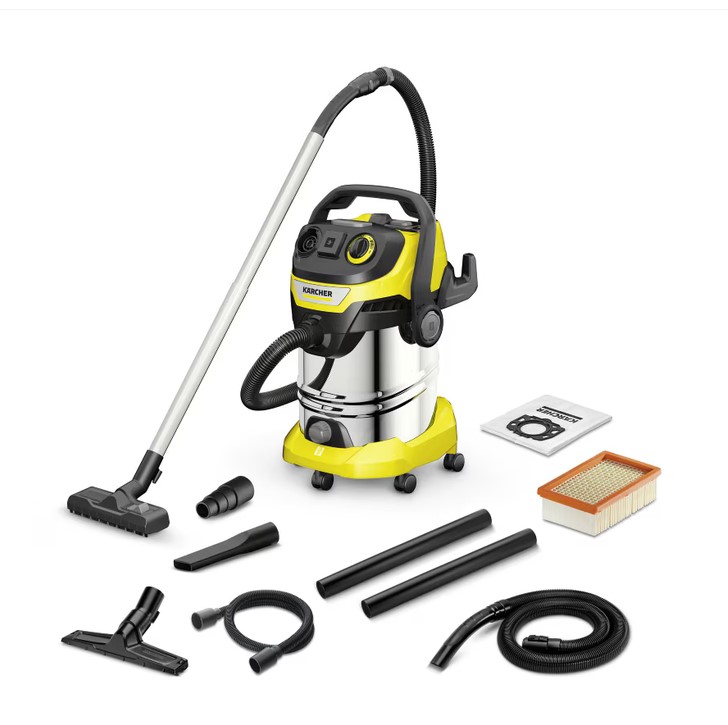Прахосмукачка Karcher WD 6 PS V-30/8/22/T, 1300 W, Мокро и сухо засмукване, Резервоар 30 л, Маркуч 2,2 м, Функция обдухване, Жълт/ черен/ металик