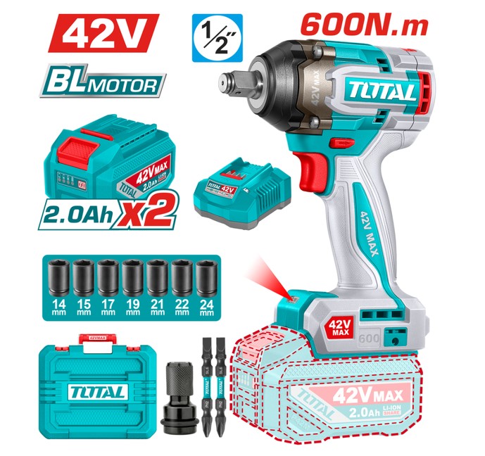 Акумулаторен ударен безчетков гайковерт TOTAL INDUSTRIAL, 1/2", 42 V, 2 х 2 Ah