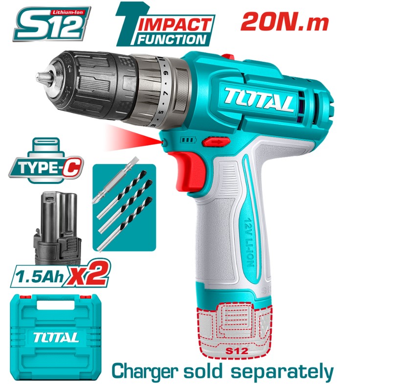 Акумулаторен ударен винтоверт TOTAL, 12 V, USB-C, 2 x 1.5 Ah, 20 Nm