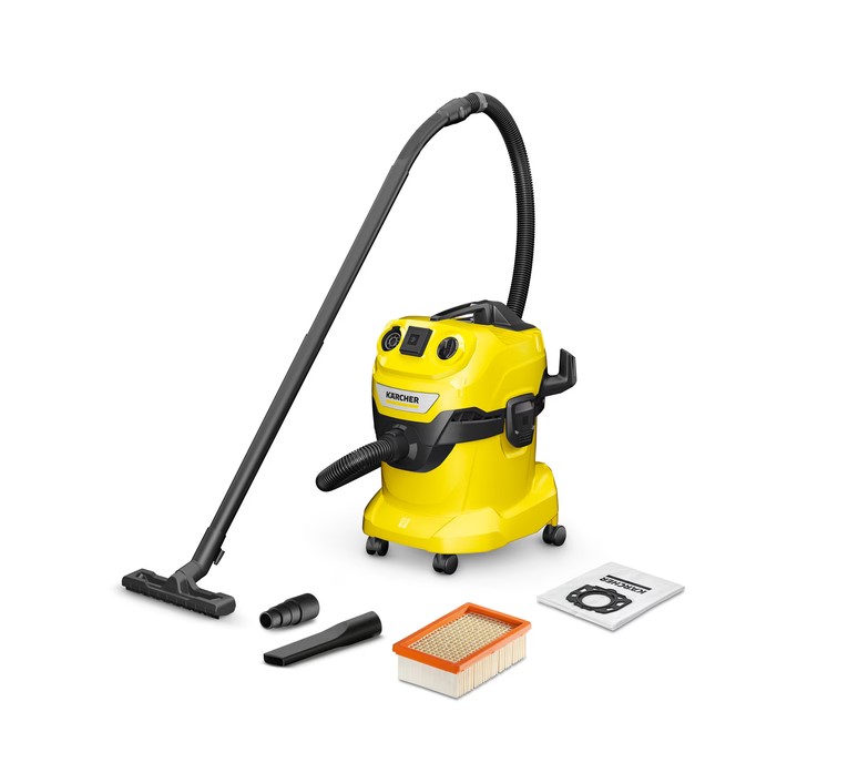 Прахосмукачка Karcher 1.628-270.0 WD 4 P V-20/5/22 сухо-мокро, 1000W, 20л резервоар, С щепсел за работа с електрически инструменти, Жълта